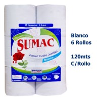 Papel Toalla Biodegradable Jumbo Sumac Blanco Liso Paquete x 6 Rollos
